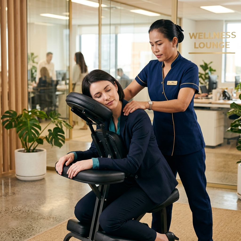 Sessão de Quick Thai Massage em ambiente corporativo