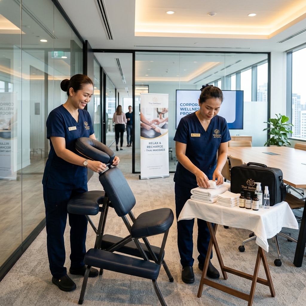 Terapeutas montando estação de massagem em ambiente corporativo